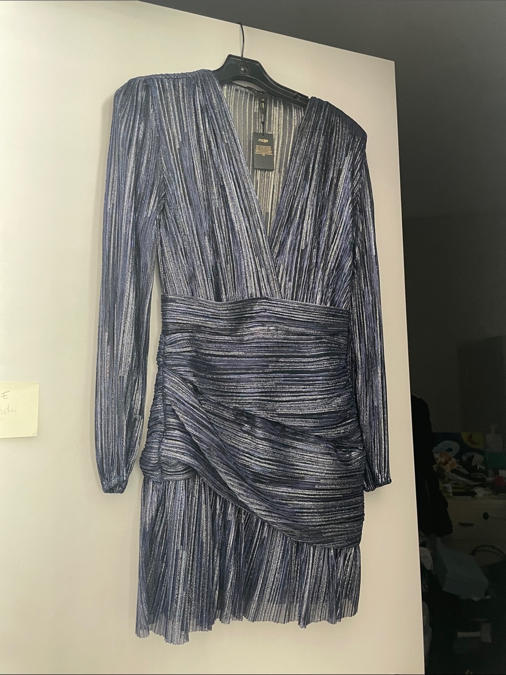 Maje Metallic Navy Plissé Wrap-Style Long Sleeve Dress